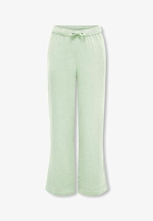 Svijetlozelene, teksturirane lounge hlače s elastičnim strukom i vrpcom za vezanje, široke nogavice, ravni prednji pogled.