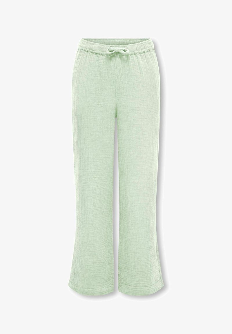 Pantalon lounge en tissu texturé vert clair avec taille élastique et cordon de serrage, coupe jambes larges, vue de face plate.