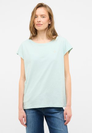 Light mint green t-shirt, short sleeves, round neckline, made of soft fabric, features a small embroidered logo on the chest.