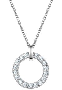 Sølv halskæde med en cirkulær vedhæng med ringdesign, prydet med flere klare ædelsten, poleret finish og en kædelforbindelse.