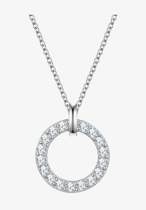 Collana d'argento con pendente circolare dal design ad anello, adornato con numerosi gemme chiare, finitura lucida e catena a maglie.