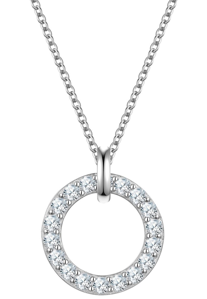 Sølv halskæde med en cirkulær vedhæng med ringdesign, prydet med flere klare ædelsten, poleret finish og en kædelforbindelse.