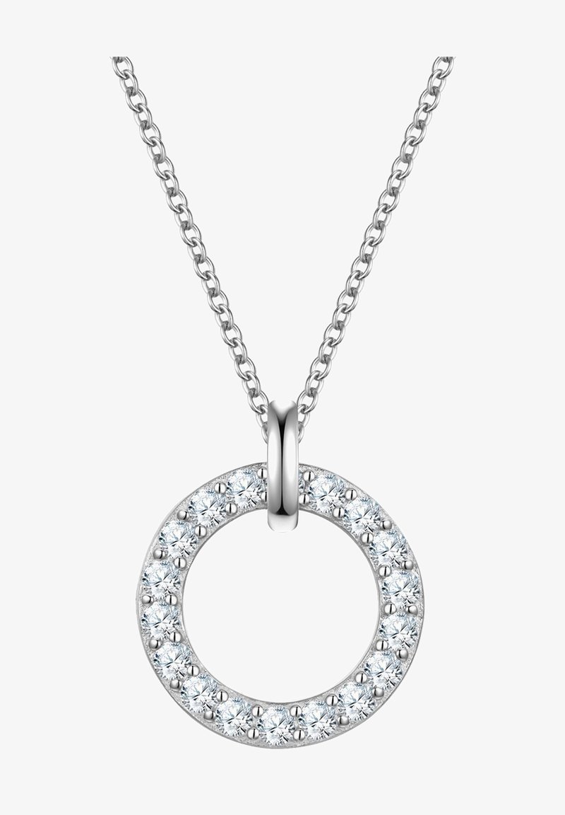 Sølv halskæde med en cirkulær vedhæng med ringdesign, prydet med flere klare ædelsten, poleret finish og en kædelforbindelse.
