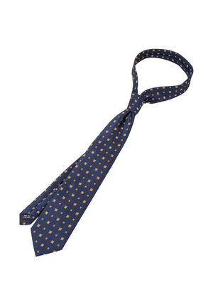 Mørkeblå silkeslips med små gylne firkantede mønstre, bundet i en knute.