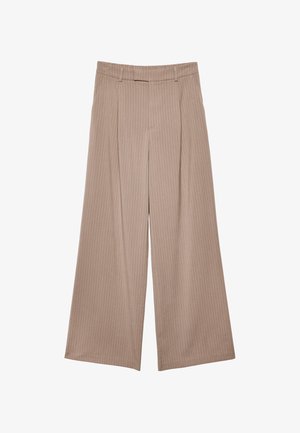 Beige wide-leg trousers featuring vertical pinstripes, a high waist, and a smooth texture with a tailored design and clean finish.