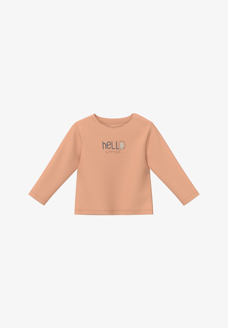 Breskva majica dugih rukava s okruglim izrezom i pločicama za kopčanje; sadrži tekst "hello world" i grafiku ježa u sivoj i smešnoj boji.