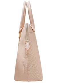 Light pink handbag with a textured faux snake skin design, dual handles, and a gold zipper running along the top edge.