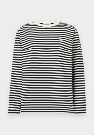 Long-sleeve black and white horizontal striped shirt with crew neck and small white logo on upper left chest.