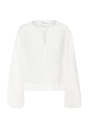 Hvid linned-top med rund halsudskæring, drop-sleeves, en forreste nøglehul og en kortet kant. Glat tekstur og letvægtsdesign.