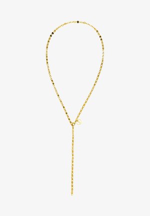 Collier chaîne en or avec un charm circulaire près du fermoir et un long pendentif suspendu s'étendant à partir du centre.