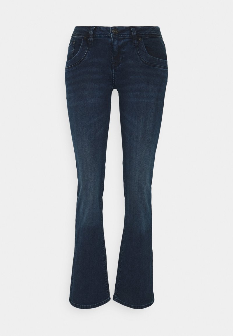 Pantalones vaqueros de campana en azul oscuro, confeccionados en denim, con cinco bolsillos, cierre de botón y un ligero desgastado en la parte delantera.