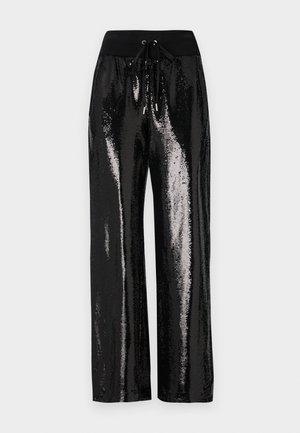 Black sequined pants with a wide-leg cut and elastic waistband featuring a drawstring. The fabric has a reflective, shiny texture.
