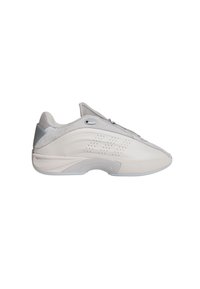Light gray athletic shoe with a smooth, textured upper, mesh details, perforated accents, and a cushioned sole. Features minimalistic design.