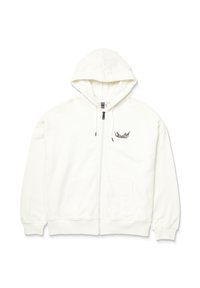 Felpa bianca con zip, tasca frontale, cappuccio regolabile con coulisse e logo nero a forma di ala sul petto. Il tessuto è morbido e strutturato, con polsini a coste.