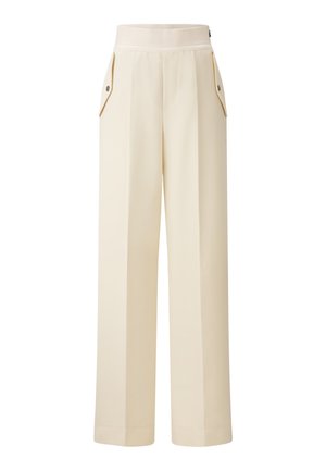 Wide-leg trousers in cream fabric, featuring side pockets with button closures, a fitted waistband, and a smooth, tailored finish.