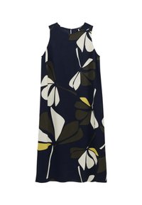 Laivastonsininen hihaton mekko, jossa on suuri kukkakuosi valkoisena, keltaisena ja vihreänä. Rento kaula-aukko ja väljä istuvuus.