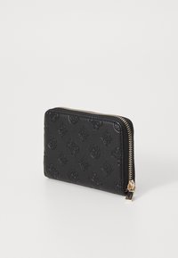 Portofel negru cu fermoar, fabricat din piele texturată, având un model de logo embosat. Accesorii din metal de culoare aurie la fermoar. Formă compactă, dreptunghiulară.