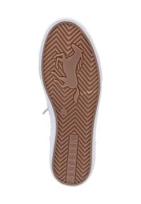 Hnědá gumová podrážka s herringbone vzorem, obsahující siluetu koně a značení "MUSTANG". Bílé boční stěny s světle modrými akcenty.