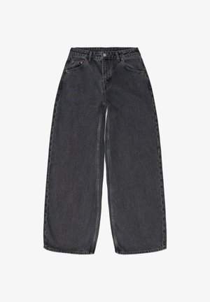 Schwarze weit geschnittene Jeans aus Denim mit hoher Taille, versehen mit zwei Vorder-Taschen und einem Knopfverschluss. Schlichtes Design, minimale Details.