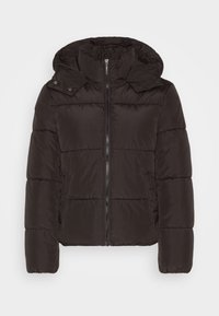 Svart puffjakke med hette, med glidelås, quiltet tekstur og kort design. Inkluderer trykknapper på kragen.