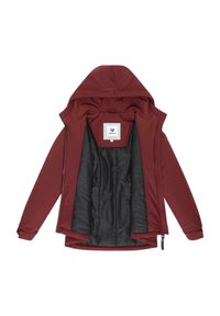 Maroon jacket with a hood, featuring a black lined interior and a tag inside. The outer material is smooth and water-resistant.