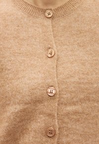 Ανοιχτό καφέ καρντιγκάν από μαλακό ύφασμα, με στρογγυλή λαιμόκοψη, πέντε κουμπιά και λεία υφή με διακριτές παραλλαγές.