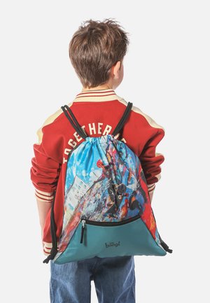 Drawstring backpack in blue and multi-colored graphic design, featuring a zippered front pocket and logo detail. Made from durable fabric.