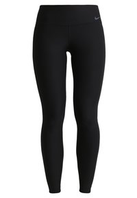 Mustat leggingsit joustavasta materiaalista, joissa on korkea vyötärö ja pieni harmaa Nike-logo vyötärön lähellä. Sileä pinta, istuva malli.