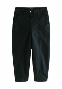 Pantalons noirs cropped fabriqués dans un tissu doux et texturé. Présente des jambes larges, des poches latérales, une fermeture à bouton sur le devant et des détails de couture subtils.