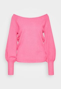 Rosa, schulterfreier Strickpullover mit langen, voluminösen Ärmeln und gerippten Bündchen. Glatte Textur mit figurnaher Passform und weiterem Ausschnitt.
