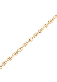 Bracciale d'oro con maglie ovali, ciascuna contenente una piccola perla d'oro al centro, esposto diagonalmente su uno sfondo bianco.