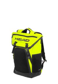 Sac à dos jaune vif avec des panneaux latéraux en maille noire et une base, équipé d'une fermeture par rouleau, de bretelles rembourrées, et de la marque "HEAD" affichée en évidence.
