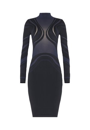 Schwarzes und dunkelblaues langärmliges Bodycon-Kleid mit hohem Kragen und abstrakten, geschwungenen Mustern auf dem Oberkörper und den Ärmeln.