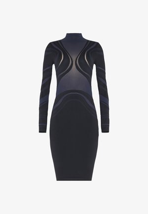 Zwarte en donkerblauwe lange mouwen bodycon jurk met hoge halslijn en abstracte gebogen patroon details op de torso en mouwen.