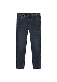 Jeans dritti blu scuro con cinque tasche, chiusura a bottone e passanti per cintura, esposti piatti su uno sfondo bianco.