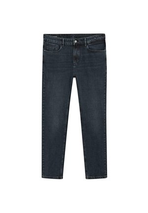 Dunkelblaue gerade geschnittene Jeans mit fünf Taschen, Knopfverschluss und Gürtelschlaufen, flach auf einem weißen Hintergrund präsentiert.
