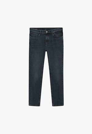 Jeans dritti blu scuro con cinque tasche, chiusura a bottone e passanti per cintura, esposti piatti su uno sfondo bianco.