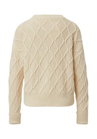 Gestrickter cremefarbener Pullover mit einem strukturierten Rautenmuster, gerippten Bündchen und Saum. Die Rückseite hat eine neutrale, glatte Oberfläche.