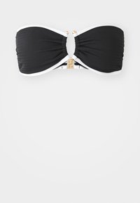 Black bandeau bikini top with textured fabric, white trim, and gold hardware clasp in the center, designed for a secure fit.