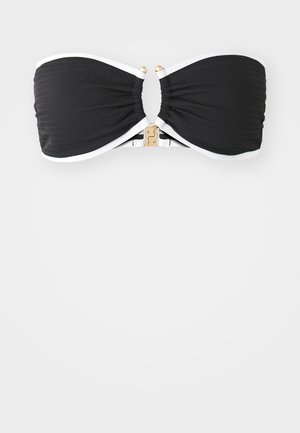 Czarny bikini bandeau z teksturowanej tkaniny, białymi akcentami i złotym zapięciem pośrodku, zaprojektowany, aby zapewnić bezpieczne dopasowanie.