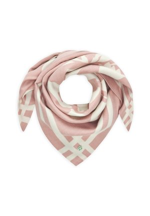 Écharpe douce rose et blanche avec un motif géométrique, pliée en forme triangulaire avec un petit emblème de trèfle près du point.