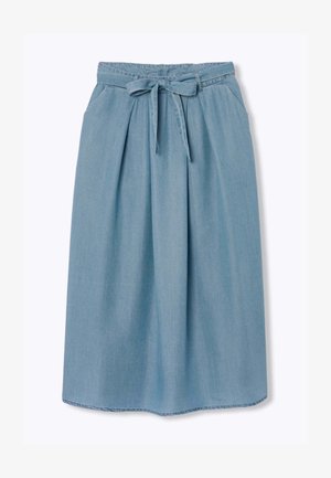 Jupe midi bleu clair avec plis, poches latérales et ceinture à nouer à la taille, en tissu doux.