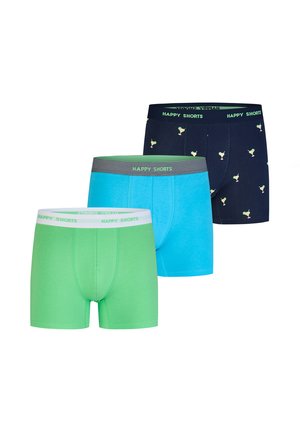 Drei Boxerhosen für Männer in Grün, Blau und Marine mit Cocktailmuster, jeweils mit einem "HAPPY SHORTS"-Bund.