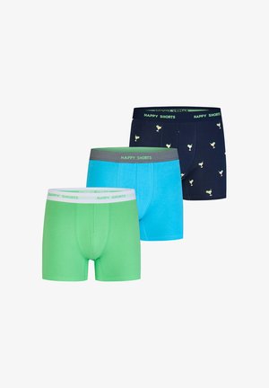 Drei Boxerhosen für Männer in Grün, Blau und Marine mit Cocktailmuster, jeweils mit einem "HAPPY SHORTS"-Bund.
