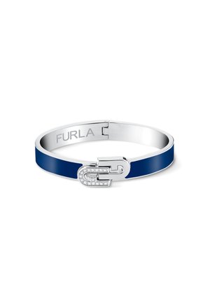 Silver and navy blue Furla bracelet with a crystal-embellished clasp and engraved brand name inside the band.