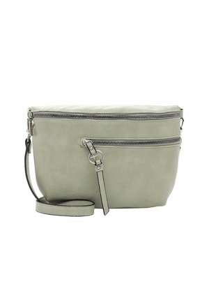 Petit sac bandoulière gris clair avec deux fermetures éclair argentées et une bandoulière réglable sur fond blanc.