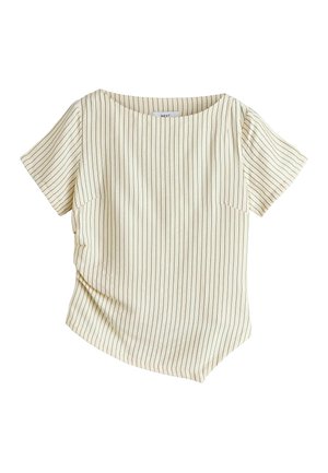 Ivory top with vertical black stripes, short sleeves, rounded neckline, and an asymmetrical hem. Soft fabric with a slight texture.