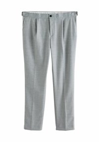 Grau karierte Hose aus leichtem Stoff, mit flachem Front, zwei Seitentaschen und einem einzigen Knopfverschluss.