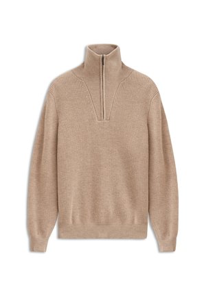Beige Strickpullover mit hohem Kragen, halbem Reißverschluss, gerippten Bündchen und Saum. Verfügt über eine strukturierte Nahtverarbeitung und einen lockeren Fit.