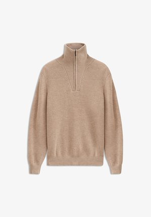 Beige Strickpullover mit hohem Kragen, halbem Reißverschluss, gerippten Bündchen und Saum. Verfügt über eine strukturierte Nahtverarbeitung und einen lockeren Fit.